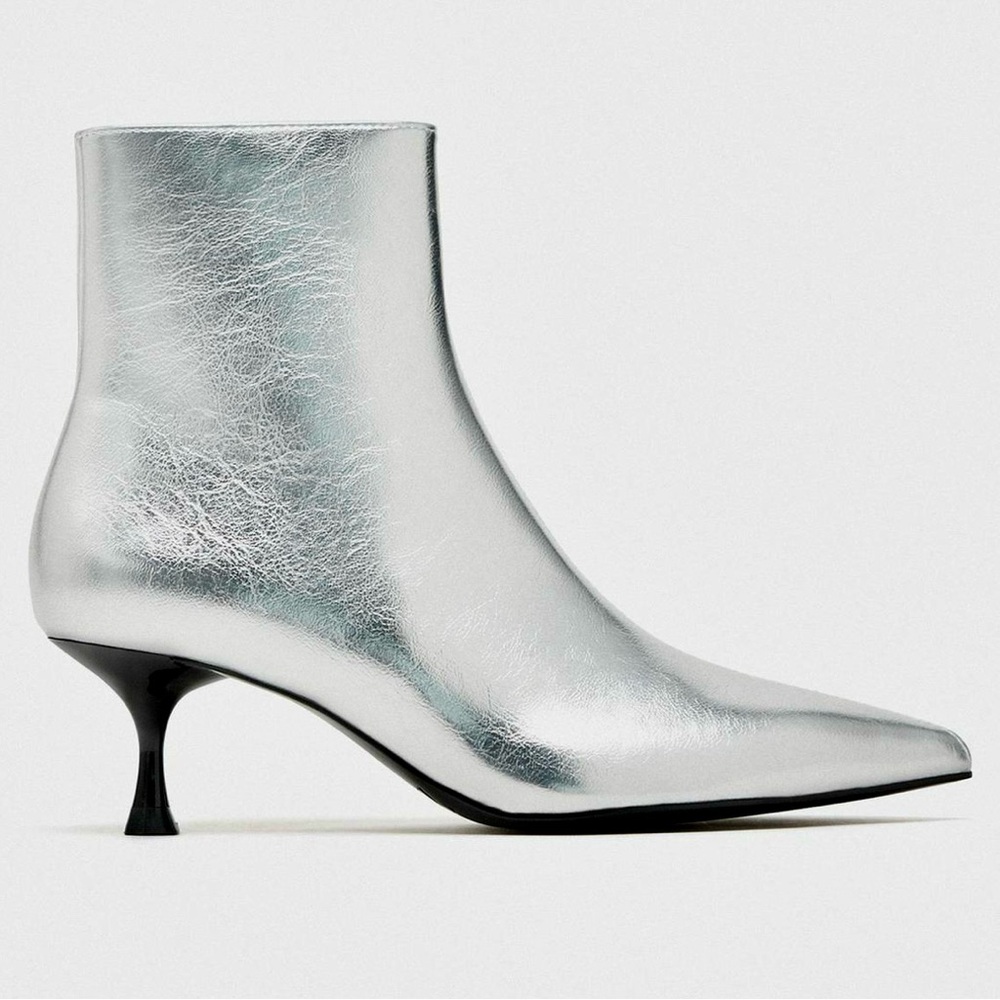 ZARA NEW Silver Metallic Leather Kitten Heel Ankle Boots Booties NEW - 36